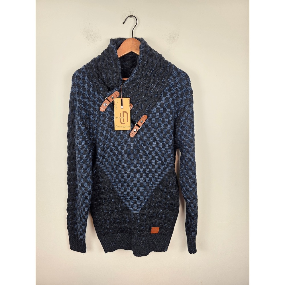 Leif Nelson Mens Blue Black Checkered Shawl Neck Buckle Knit Sweater LN5255BL L